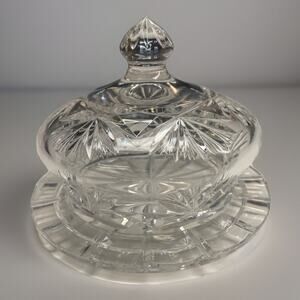 VTG Brilliant Clear Fan Cut Glass Handled Heavy Dome Covered Butter Cheese Dish
